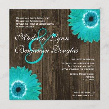 rustic teal daisy square wedding invitations