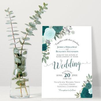 rustic teal watercolor roses boho floral wedding invitation
