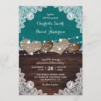 rustic teal wood burlap lace string lights wedding invitation