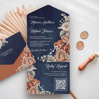 Small Rustic Terracotta Floral Navy Blue Qr Code Wedding All In One Front View
