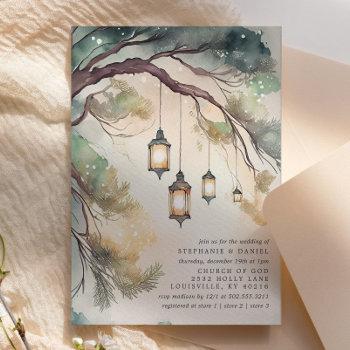 rustic tree botanical lantern lights wedding invitation