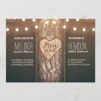 Small Rustic Tree Heart And String Lights Wedding Invite Front View