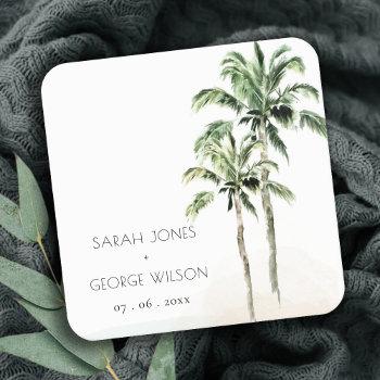 Small Rustic Tropical Beach Palm Tree Watercolor Wedding Square Paper Coaster Front View
