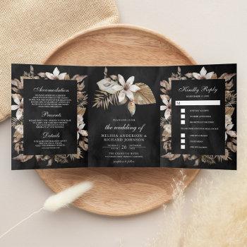 Small Rustic Tropical Dried Palm Leaves Black Wedding Tri-fold Front View