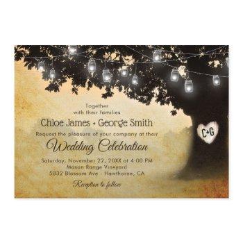 rustic vintage oak tree mason jar lights wedding invitation