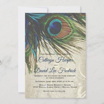 rustic vintage wood navy turquoise peacock wedding invitation