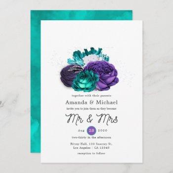rustic violet and turquoise floral wedding invitation