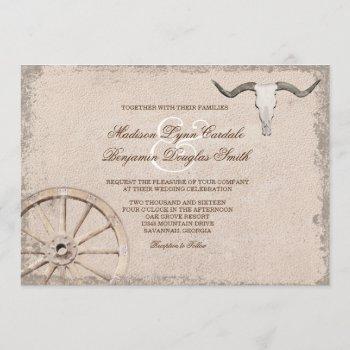 rustic wagon wheel longhorn cowboy wedding invitation