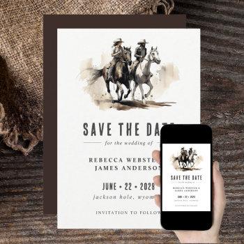 Small Rustic Watercolor Country Cowgirl Cowboy Horses Save The Date Front View