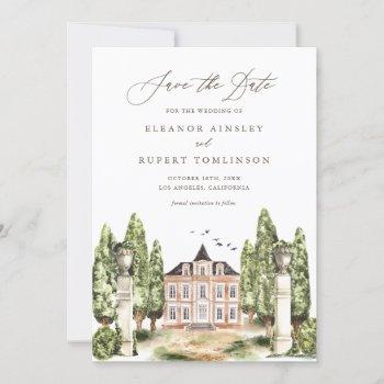 Small Rustic Watercolor English Manor House Save The Date Front View