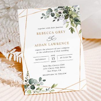 rustic watercolor eucalyptus greenery gold wedding invitation