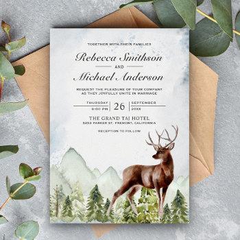 rustic watercolor mountain forest deer wedding invitation