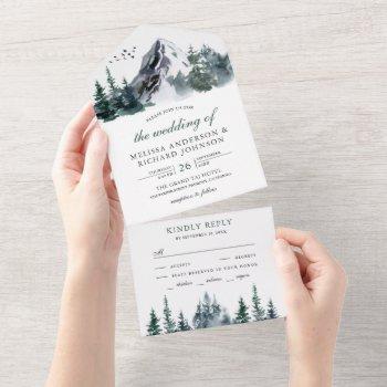 rustic watercolor mountain forest winter wedding all in one invitation