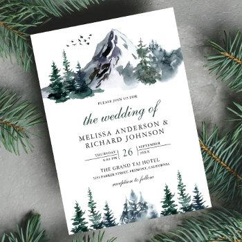 rustic watercolor mountain forest winter wedding invitation
