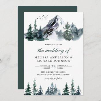 rustic watercolor mountain forest winter wedding invitation
