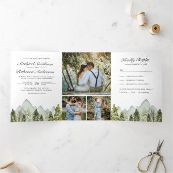 rustic watercolor mountain pine trees wedding tri-fold invitation