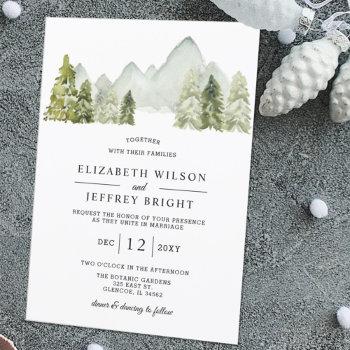 rustic watercolor mountains pine winter wedding   invitation