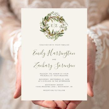 rustic watercolor olive wreath wedding invitation