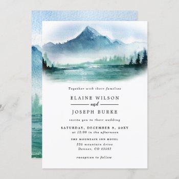 rustic watercolor pine mountains lake wedding invitation