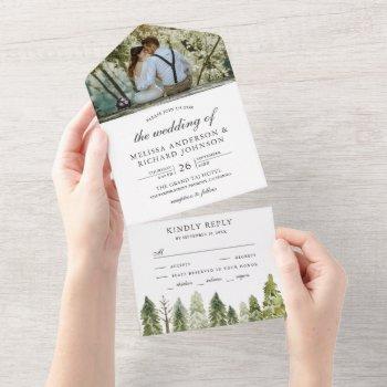 rustic watercolor pine trees forest photo wedding all in one invitation