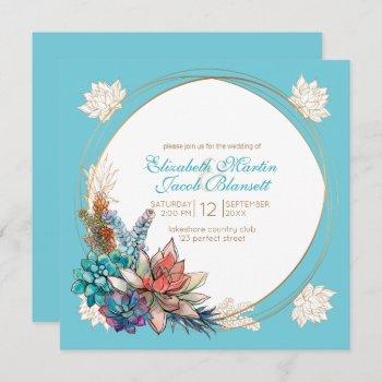 rustic watercolor succulent, teal wedding invitation