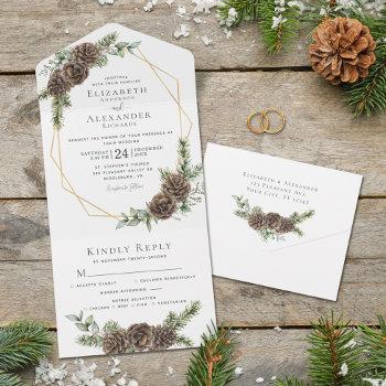 Small Rustic Watercolor Winter Forest Pine Cone Wedding All In One Front View
