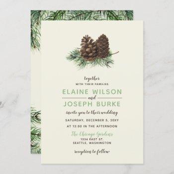 rustic watercolor winter forest pine cone wedding invitation