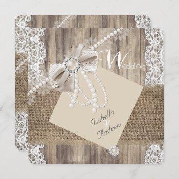 rustic wedding beige pearl lace wood burlap 3 invitation