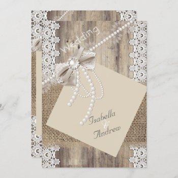 rustic wedding beige pearl lace wood burlap 4 invitation