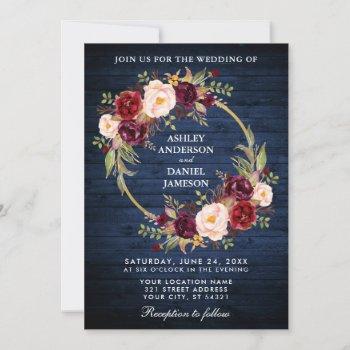 Small Rustic Wedding Blue Wood Burgundy Wreath Invite Front View