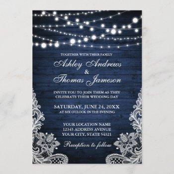 rustic wedding blue wood string lights lace invite