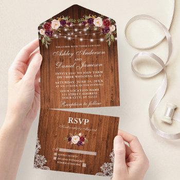 rustic wedding burgundy floral wood lace lights all in one invitation