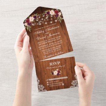 rustic wedding burgundy floral wood lace lights all in one invitation