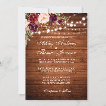 Small Rustic Wedding Burgundy Floral Wood Lights Invite Front View