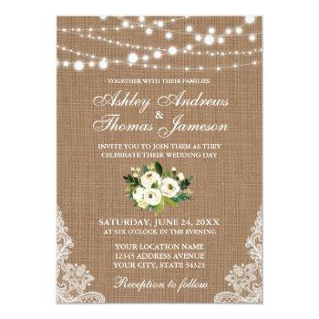 Small Rustic Wedding Burlap Lace Lights Floral Invite G Front View