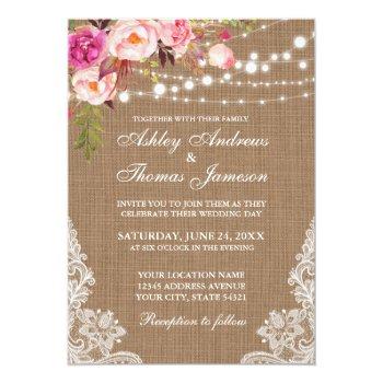Small Rustic Wedding Burlap Lights Floral Lace Invite Front View