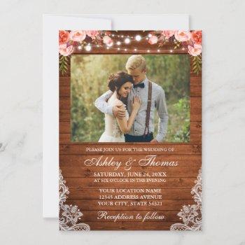 rustic wedding coral floral wood lights lace photo invitation