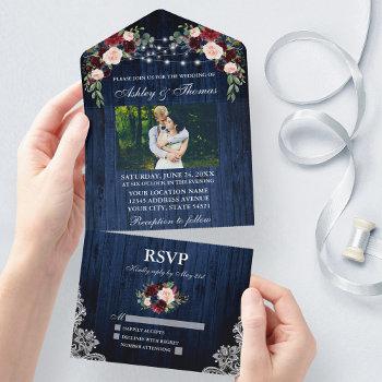rustic wedding floral blue wood lights lace photo all in one invitation