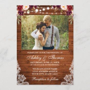 rustic wedding floral wood lights lace photo invitation