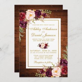 Small Rustic Wedding Wood Burgundy Floral Wedding Invite Front View
