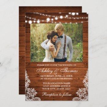 rustic wedding wood lights lace photo invitation