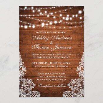 rustic wedding wood string lights lace invite