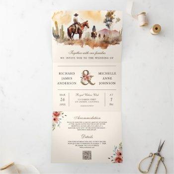 rustic western cowboy all in one qr code wedding tri-fold invitation