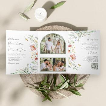 rustic wildflower photo collage qr code wedding tri-fold invitation