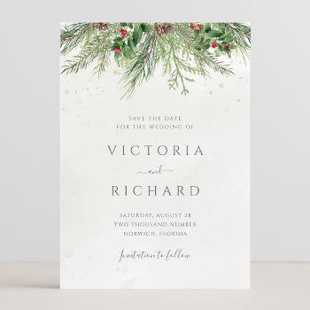 Small Rustic Winter Berries Pine Cone Greenery Wedding Save The Date Front View
