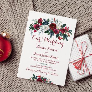 Small Rustic Winter Burgundy Pine Green Floral Wedding Front View