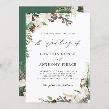 rustic winter floral berries pine cone wedding invitation