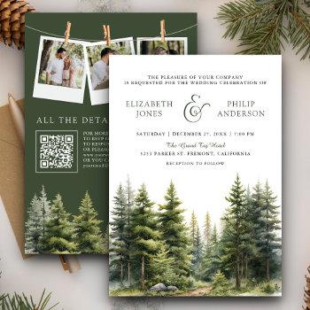 rustic winter pine trees forest qr code wedding invitation