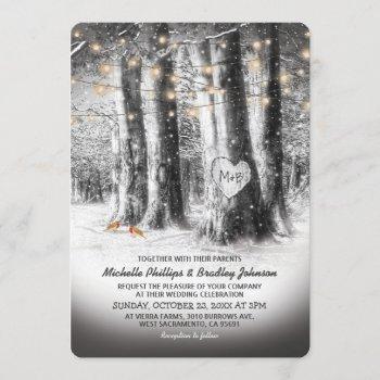 rustic winter tree & string lights wedding invitation