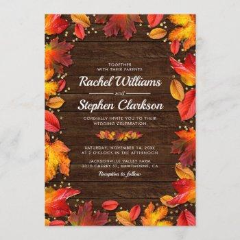 rustic wood autumn fall leaves gold wedding invitation